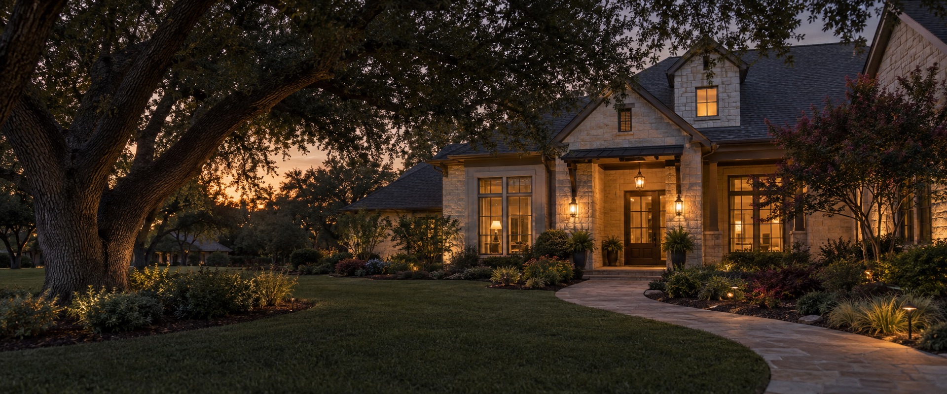 Texas home beneath mature oak trees at dusk